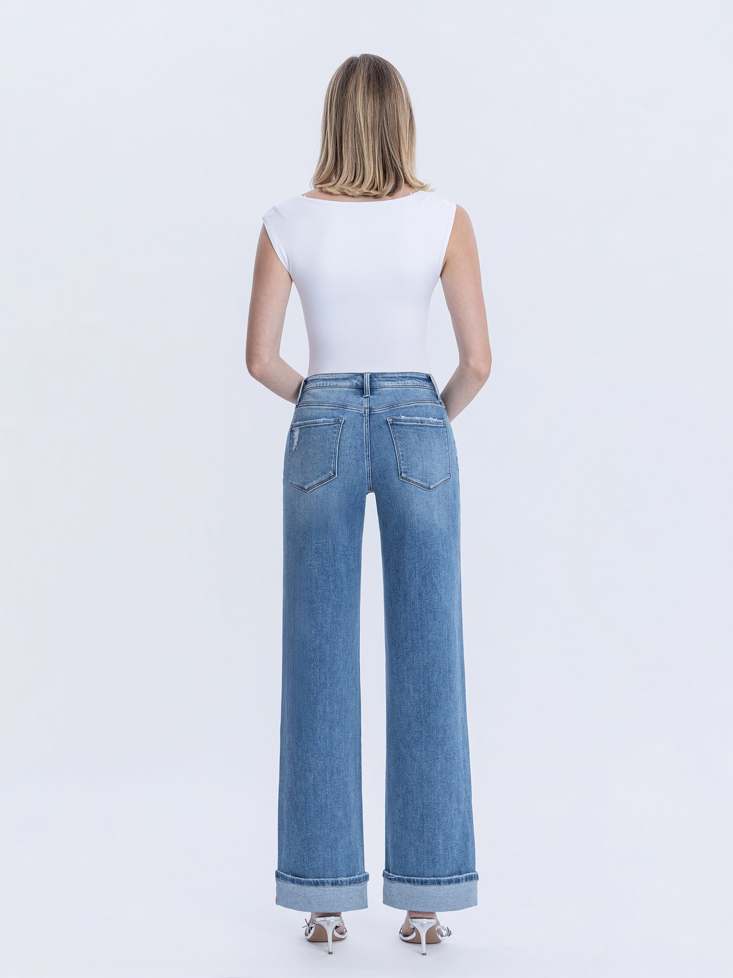 High Rise Full Length Cuffed Wide Jeans
