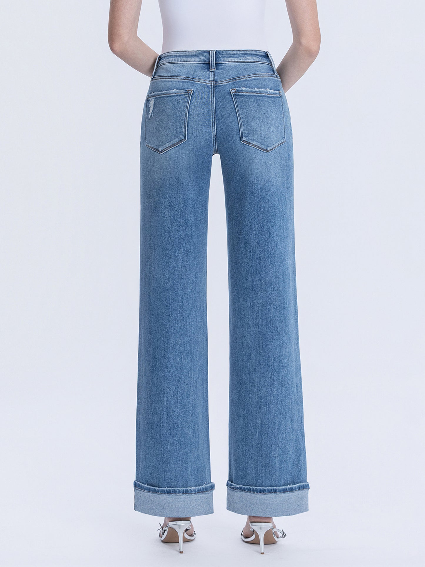 High Rise Full Length Cuffed Wide Jeans