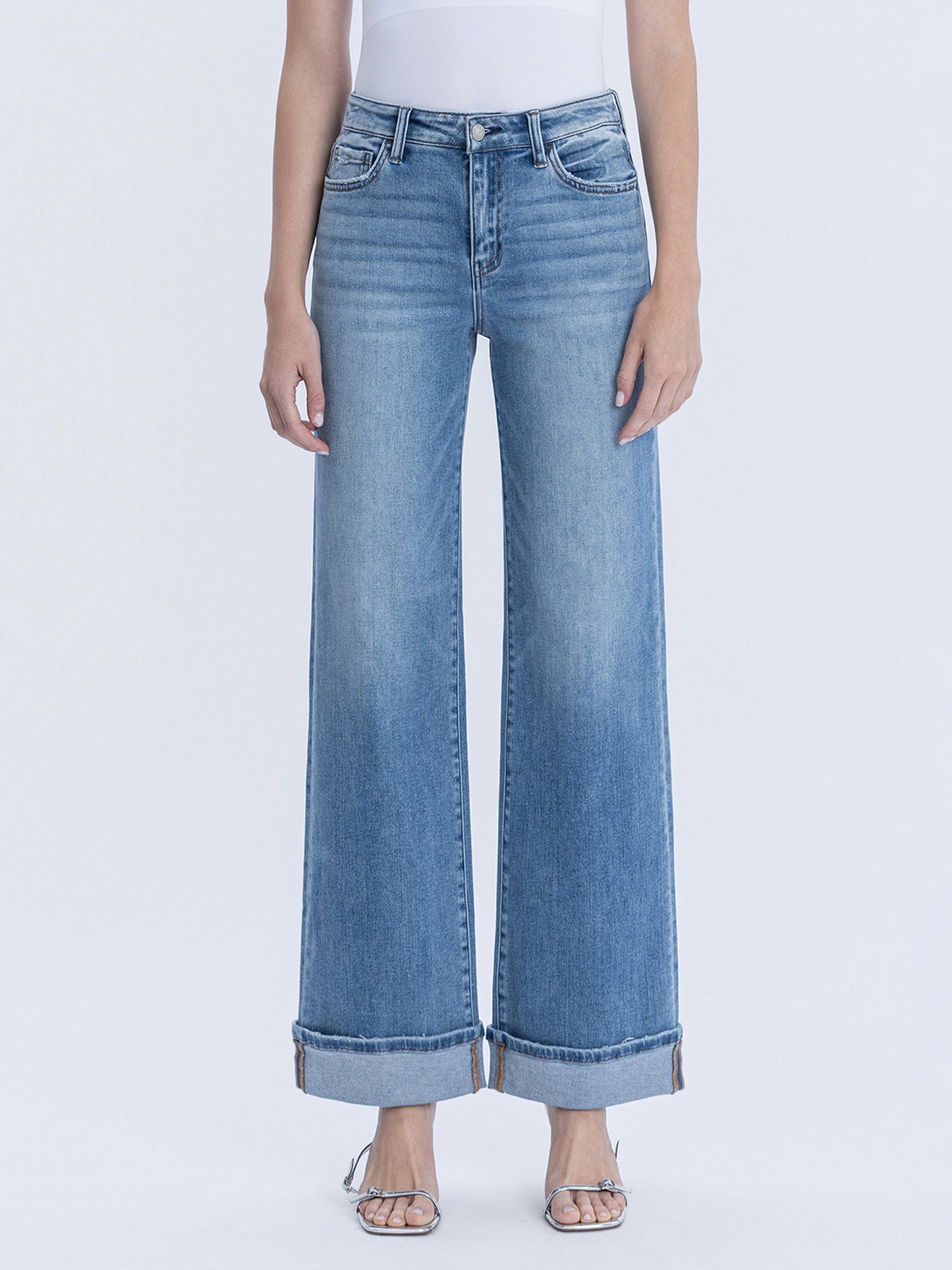High Rise Full Length Cuffed Wide Jeans