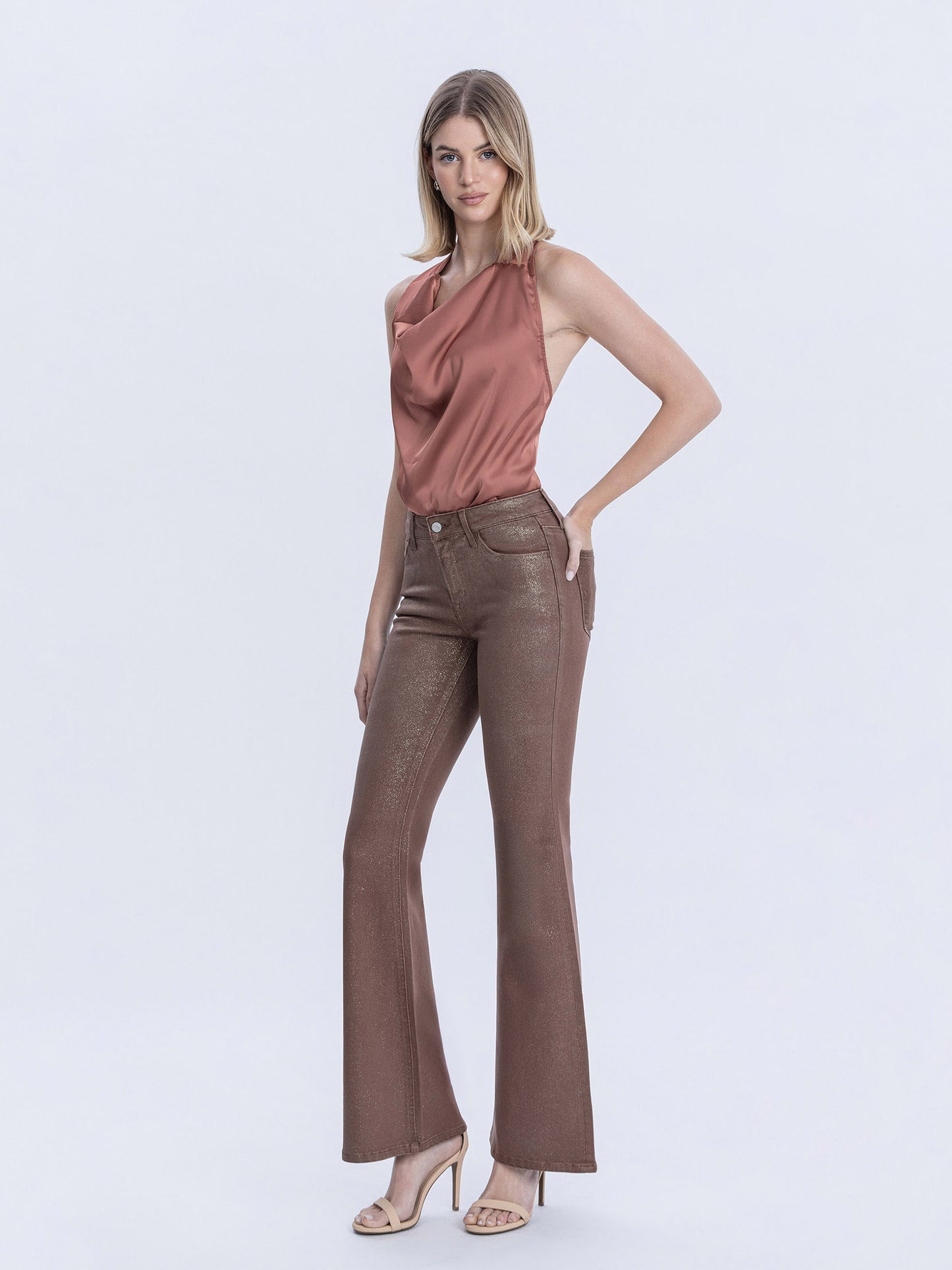 Mid Rise Gold Glitter Coated Flare Jeans