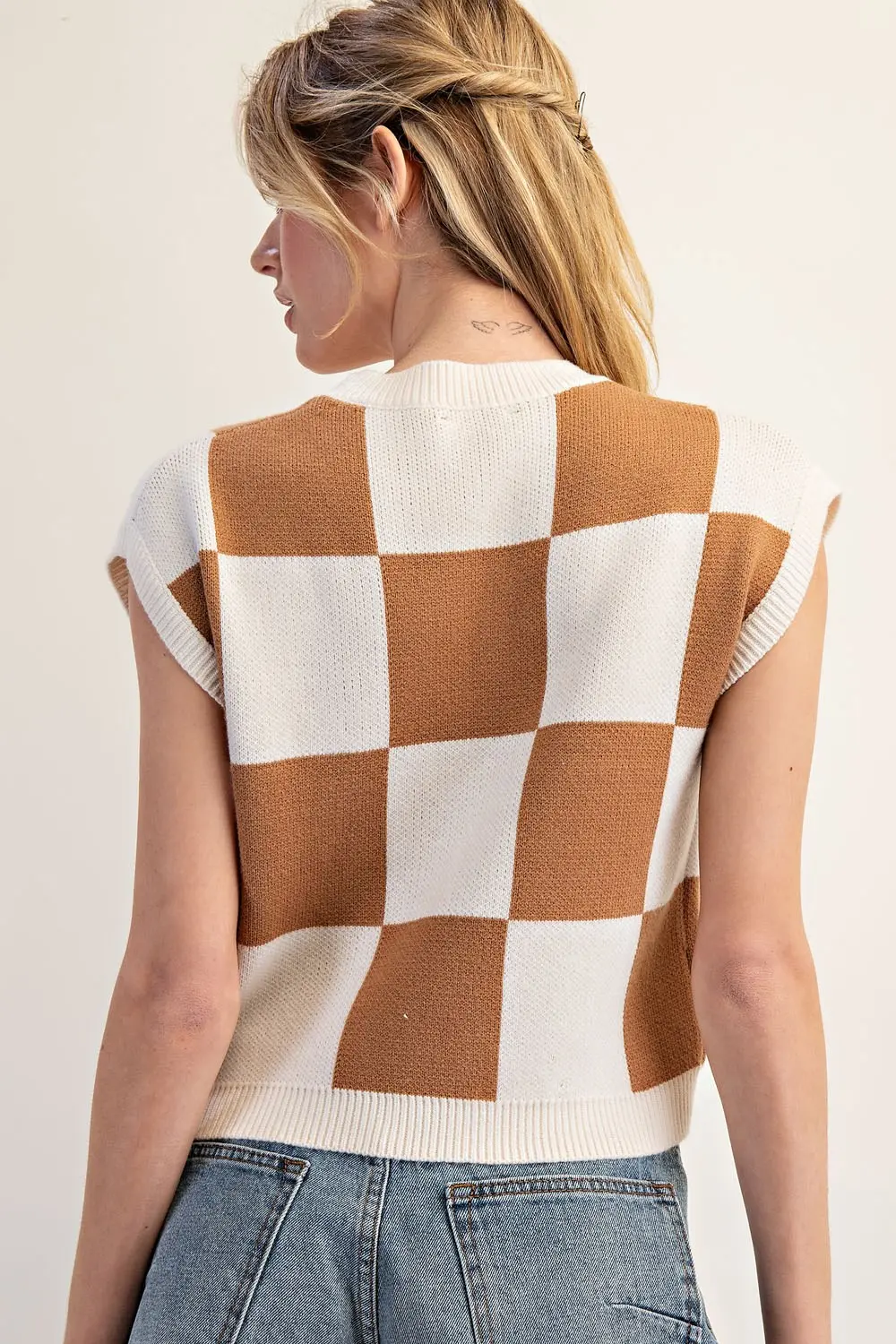 Short Sleeve Check Sweater