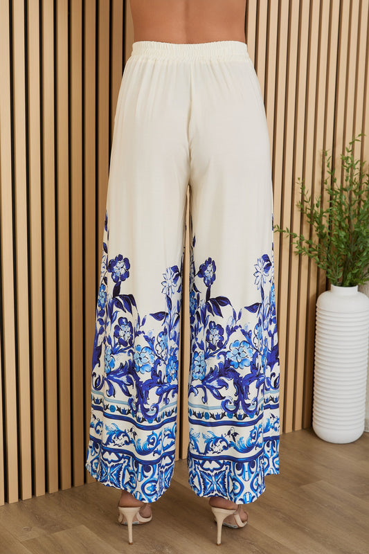 Floral Damask Wide Leg Viscose Pants